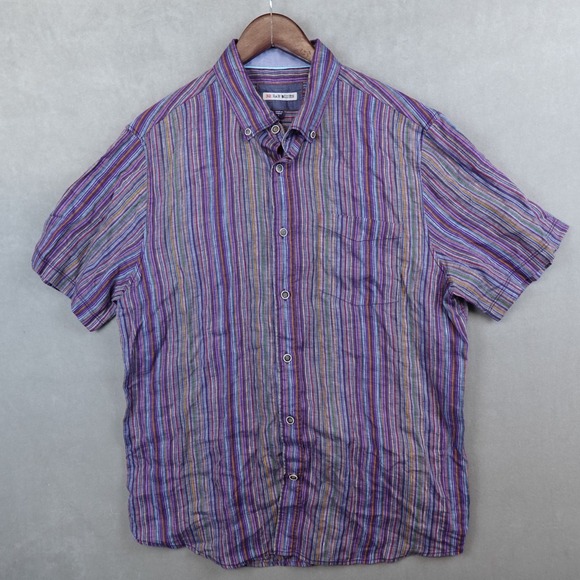 32 Bar Blues Shirt Mens Large Short Sleeve Button Down Linen Rainbow Striped - Picture 1 of 7